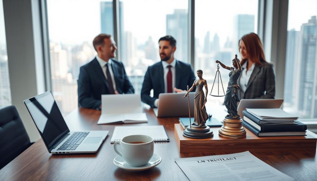 A modern, minimalist office setting with natural lighting and clean lines. In the foreground, a polished wooden desk with a laptop, a cup of coffee, and a stack of legal documents. On the desk, a small, bronze statue of Lady Justice, symbolizing the principles of trust law. In the middle ground, two businesspeople in formal attire are engaged in a discussion, their expressions conveying a sense of trust and collaboration. The background features floor-to-ceiling windows overlooking a bustling city skyline, hinting at the global reach and impact of trust-based business practices. A modern, minimalist office setting with natural lighting and clean lines. In the foreground, a polished wooden desk with a laptop, a cup of coffee, and a stack of legal documents. On the desk, a small, bronze statue of Lady Justice, symbolizing the principles of trust law. In the middle ground, two businesspeople in formal attire are engaged in a discussion, their expressions conveying a sense of trust and collaboration. The background features floor-to-ceiling windows overlooking a bustling city skyline, hinting at the global reach and impact of trust-based business practices.