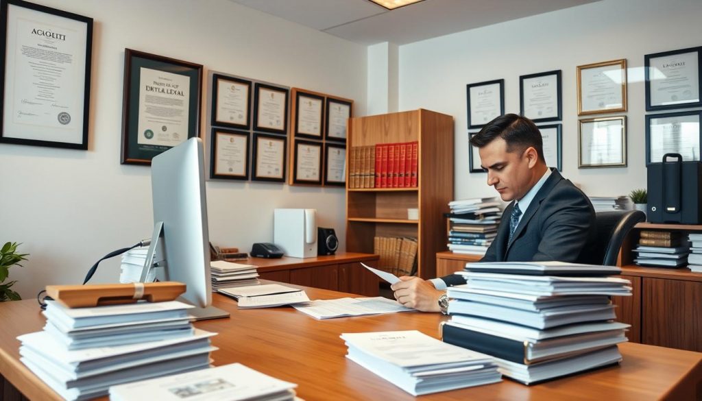 A modern, neatly organized office space, with a wooden desk, a computer, and stacks of legal documents. A well-dressed person, presumably a probate officer, sits at the desk, intently reviewing paperwork. The walls are adorned with framed certificates and legal diplomas, conveying a sense of professionalism and expertise. The lighting is soft and warm, creating a calming atmosphere. The scene is captured from a slightly elevated angle, giving the viewer a sense of being present in the space. The overall composition and attention to detail reflect the formal and methodical nature of the probate process in the UK. A modern, neatly organized office space, with a wooden desk, a computer, and stacks of legal documents. A well-dressed person, presumably a probate officer, sits at the desk, intently reviewing paperwork. The walls are adorned with framed certificates and legal diplomas, conveying a sense of professionalism and expertise. The lighting is soft and warm, creating a calming atmosphere. The scene is captured from a slightly elevated angle, giving the viewer a sense of being present in the space. The overall composition and attention to detail reflect the formal and methodical nature of the probate process in the UK.