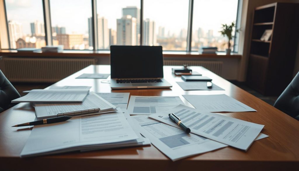 A modern office interior with a large desk, a laptop, and various financial documents, representing the practical steps involved in paying inheritance tax. The lighting is warm and focused, creating a professional yet approachable atmosphere. The camera angle is slightly elevated, providing a comprehensive view of the desk setup. In the background, a window overlooking a cityscape, symbolizing the broader context of estate planning and wealth management. The overall composition conveys the sense of navigating the complexities of inheritance tax payment options with a combination of expertise and care. A modern office interior with a large desk, a laptop, and various financial documents, representing the practical steps involved in paying inheritance tax. The lighting is warm and focused, creating a professional yet approachable atmosphere. The camera angle is slightly elevated, providing a comprehensive view of the desk setup. In the background, a window overlooking a cityscape, symbolizing the broader context of estate planning and wealth management. The overall composition conveys the sense of navigating the complexities of inheritance tax payment options with a combination of expertise and care.