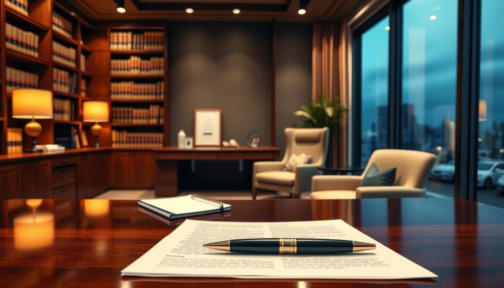 A modern office interior with a large mahogany desk, a cozy armchair, and a bookshelf filled with legal tomes. Warm, indirect lighting casts a soft glow, creating an atmosphere of professionalism and expertise. In the foreground, a pen rests on a set of documents, hinting at the intricate financial planning and legal strategies involved in inheritance tax mitigation through an Interest in Possession Trust. The mid-ground features a framed certificate or award, suggesting the advisor's credentials and experience in this specialized field. The background showcases a panoramic window with a cityscape view, symbolizing the wider financial landscape within which these trust structures operate.