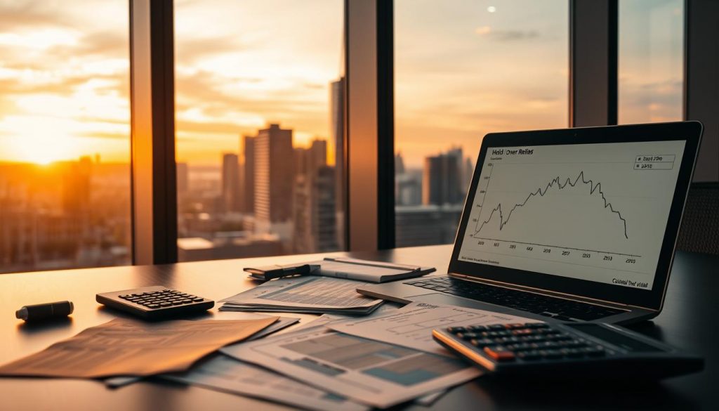 A modern office interior with a large window overlooking a city skyline at dusk. On the desk, financial documents and a calculator lay scattered, hinting at tax calculations. The lighting is warm and subdued, creating a contemplative atmosphere. A laptop displays a graph showing the fluctuations of capital gains, reflecting the subject's complex implications. The overall scene conveys the weight and importance of financial decisions related to hold over relief.
