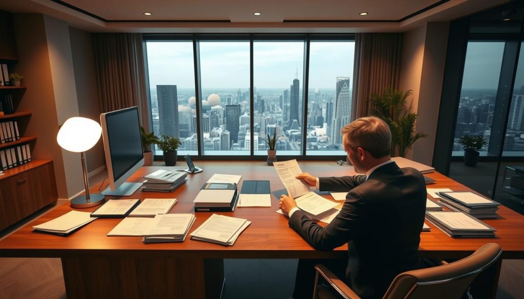 A modern office interior with a large wooden desk, a computer monitor, and various financial documents and folders. In the foreground, a person in a suit sits at the desk, reviewing paperwork related to a life insurance trust. Soft, warm lighting illuminates the scene, creating a professional and authoritative atmosphere. The background features a panoramic window overlooking a cityscape, suggesting the high-level financial nature of the process. The overall composition conveys the complex but secure nature of establishing a life insurance trust to protect one's family's financial future. A modern office interior with a large wooden desk, a computer monitor, and various financial documents and folders. In the foreground, a person in a suit sits at the desk, reviewing paperwork related to a life insurance trust. Soft, warm lighting illuminates the scene, creating a professional and authoritative atmosphere. The background features a panoramic window overlooking a cityscape, suggesting the high-level financial nature of the process. The overall composition conveys the complex but secure nature of establishing a life insurance trust to protect one's family's financial future.