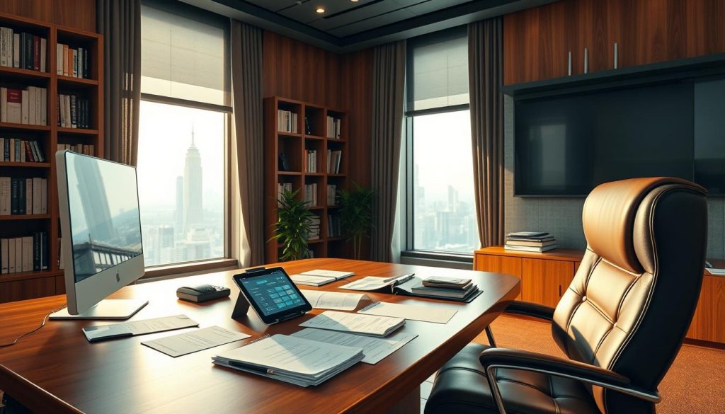 A modern office interior with a large wooden desk, sleek computer monitors, and a plush leather chair. On the desk, various financial documents, a calculator, and a tablet displaying investment options. The walls are lined with bookshelves filled with finance books and reports. Soft, diffused lighting casts a warm glow, creating a professional yet inviting atmosphere. The windows offer a view of a bustling city skyline, hinting at the wealth and opportunity awaiting those who manage their trust fund wisely. The overall scene conveys a sense of financial security, thoughtful planning, and the promise of a bright, prosperous future. A modern office interior with a large wooden desk, sleek computer monitors, and a plush leather chair. On the desk, various financial documents, a calculator, and a tablet displaying investment options. The walls are lined with bookshelves filled with finance books and reports. Soft, diffused lighting casts a warm glow, creating a professional yet inviting atmosphere. The windows offer a view of a bustling city skyline, hinting at the wealth and opportunity awaiting those who manage their trust fund wisely. The overall scene conveys a sense of financial security, thoughtful planning, and the promise of a bright, prosperous future.