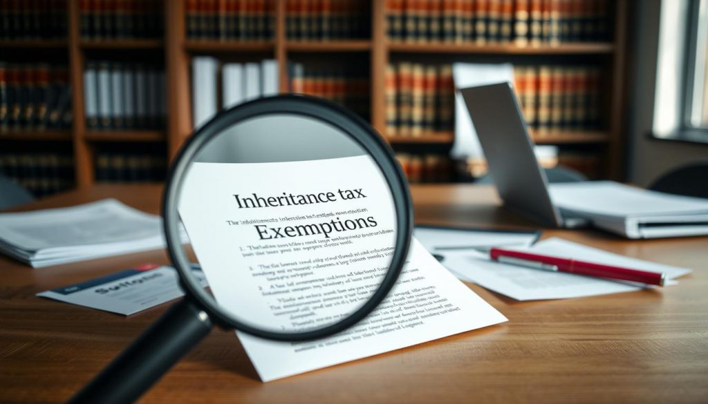 A modern office interior with a wooden desk, a laptop, and various financial documents. In the foreground, a magnifying glass highlights a section of a legal document titled "Inheritance Tax Exemptions". Soft, directional lighting illuminates the scene, creating a sense of focus and importance. The background features a bookshelf filled with legal volumes, subtly suggesting the complex nature of inheritance tax regulations. The overall mood is one of professional diligence and attention to detail, reflecting the importance of understanding the nuances of inheritance tax exemptions. A modern office interior with a wooden desk, a laptop, and various financial documents. In the foreground, a magnifying glass highlights a section of a legal document titled "Inheritance Tax Exemptions". Soft, directional lighting illuminates the scene, creating a sense of focus and importance. The background features a bookshelf filled with legal volumes, subtly suggesting the complex nature of inheritance tax regulations. The overall mood is one of professional diligence and attention to detail, reflecting the importance of understanding the nuances of inheritance tax exemptions.