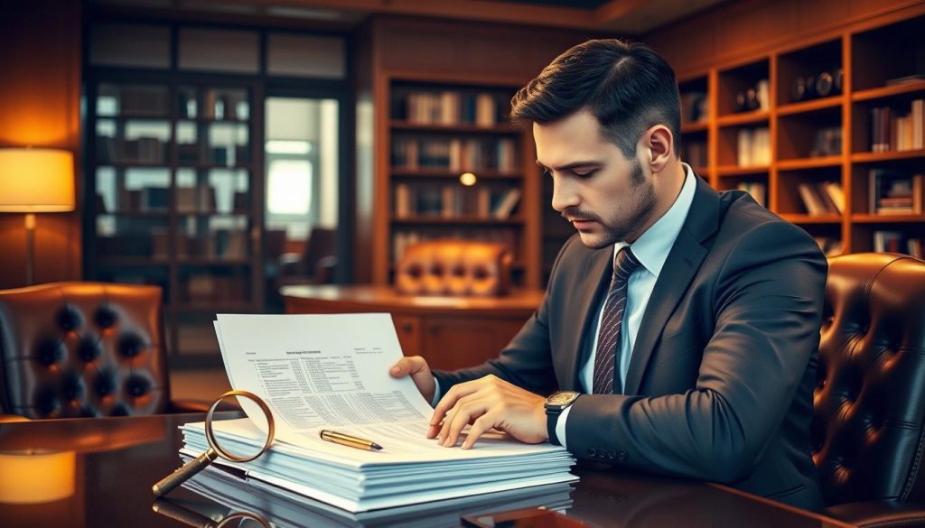 A modern office interior with a wooden desk, leather chairs, and bookshelves lining the walls. On the desk, a stack of documents and a brass-framed magnifying glass, symbolizing the intricate tax implications of trusts. Warm, golden lighting casts a contemplative glow, as a smartly-dressed professional intently reviews the paperwork, deep in thought about the complex financial and legal considerations. The scene evokes a sense of diligence, expertise, and the weight of responsibility in managing the trust's tax obligations.