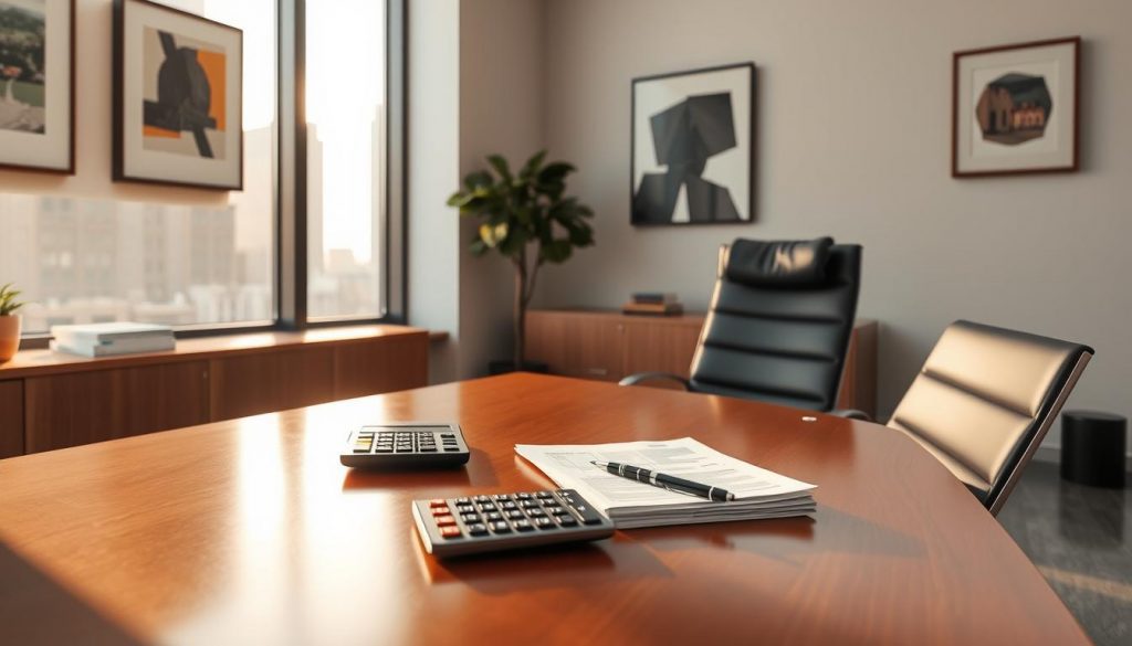 A modern office interior with clean, minimalist design. Warm, natural lighting filters through large windows, casting a soft glow on the polished wooden desk and sleek, ergonomic chair. The walls are adorned with abstract art pieces, hinting at the intellectual nature of the space. In the foreground, a calculator, a stack of documents, and a pen rest on the desk, symbolizing the financial calculations and paperwork involved in property tax management. In the background, a cityscape visible through the windows, representing the real estate at the heart of the discussion. The overall atmosphere conveys a sense of professionalism, efficiency, and attention to detail in handling the complex matters of property taxation.