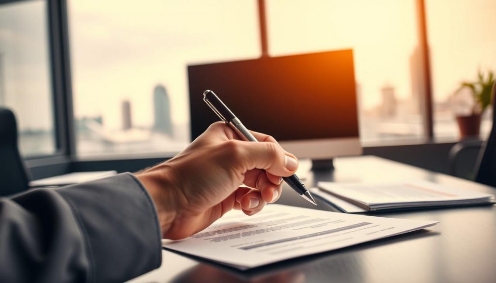 A modern office setting with a large desk, sleek computer monitor, and organized paperwork. In the foreground, a hand holds a pen, poised to sign an official-looking document. The background features a softly blurred cityscape through a window, conveying a sense of professionalism and productivity. Warm, directional lighting illuminates the scene, creating a sense of authority and confidence. The overall atmosphere evokes the benefits of a streamlined, efficient financial process, such as the UK Direct Payment Scheme. A modern office setting with a large desk, sleek computer monitor, and organized paperwork. In the foreground, a hand holds a pen, poised to sign an official-looking document. The background features a softly blurred cityscape through a window, conveying a sense of professionalism and productivity. Warm, directional lighting illuminates the scene, creating a sense of authority and confidence. The overall atmosphere evokes the benefits of a streamlined, efficient financial process, such as the UK Direct Payment Scheme.