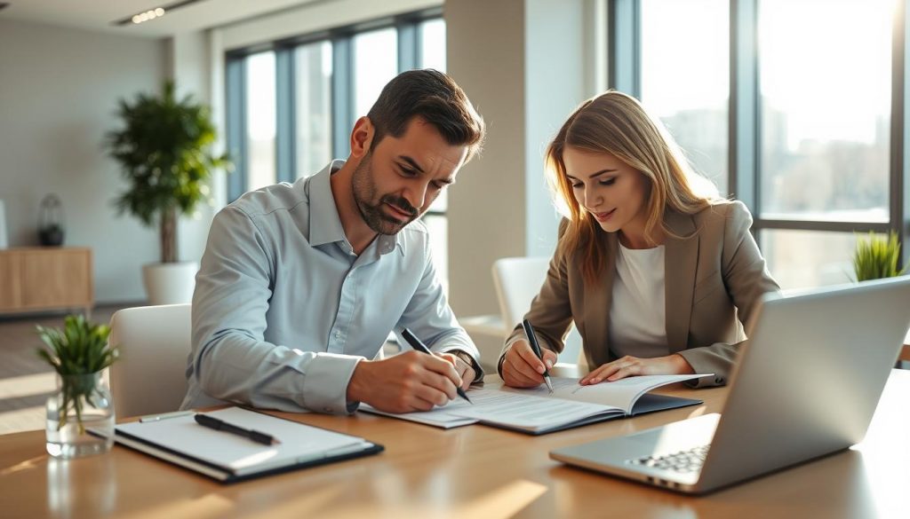 A modern office setting with natural lighting streaming through large windows, casting a warm glow on a couple sitting at a desk, intently discussing and signing legal documents. The man and woman, smartly dressed, lean over the papers, pens in hand, expressions serious yet collaborative as they navigate the legal requirements for establishing a power of attorney. The desk is clean and organized, with a laptop, folders, and a potted plant adding a touch of professionalism. The overall atmosphere conveys a sense of trust, partnership, and attention to detail as the couple ensures their affairs are in order.