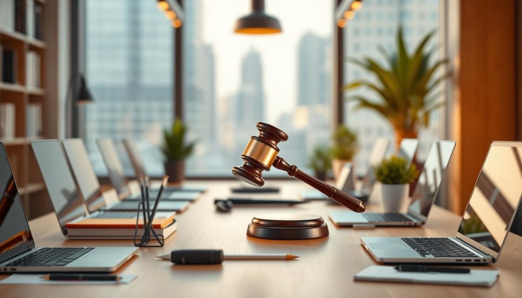 A modern office space filled with the tools of entrepreneurship - sleek laptops, stylish office supplies, and a potted plant or two. In the center, a 3D model of a gavel, symbolizing the legal oversight and protection of a trust. Warm, natural lighting illuminates the scene, creating a sense of professionalism and security. The background is a soft, blurred cityscape, hinting at the broader financial landscape in which this business operates. The overall mood is one of confidence, competence, and the assurance of proper stewardship. A modern office space filled with the tools of entrepreneurship - sleek laptops, stylish office supplies, and a potted plant or two. In the center, a 3D model of a gavel, symbolizing the legal oversight and protection of a trust. Warm, natural lighting illuminates the scene, creating a sense of professionalism and security. The background is a soft, blurred cityscape, hinting at the broader financial landscape in which this business operates. The overall mood is one of confidence, competence, and the assurance of proper stewardship.