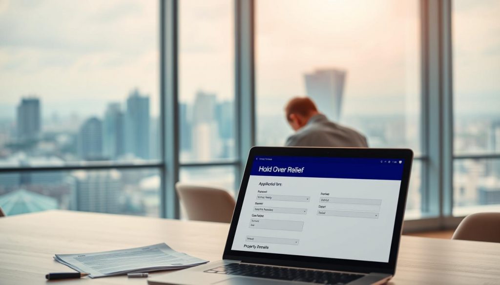 A modern, open-plan office space with a large window overlooking a bustling city skyline. In the foreground, a desk with a laptop, papers, and a pen. On the screen, an online application form for "Hold Over Relief" with fields for personal information and property details. In the middle ground, a person sitting at the desk, leaning forward and focused on the task at hand. Soft, warm lighting filters in through the window, creating a calm and professional atmosphere. The background is slightly blurred, emphasizing the application process as the central focus.