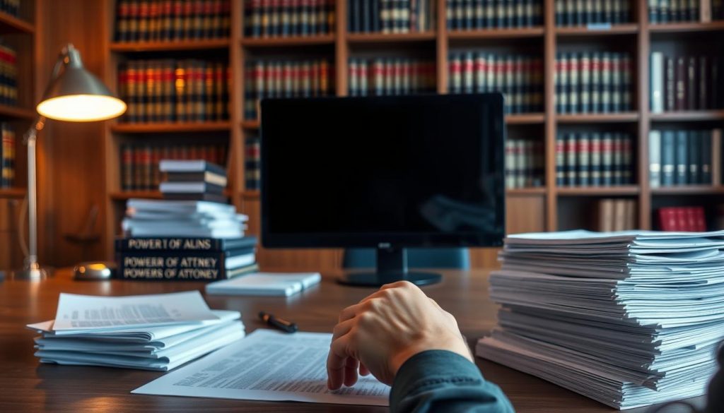 A modern, professional office interior with a large wooden desk, a computer monitor, and stacks of documents. In the foreground, a person's hands are carefully reviewing legal documents, the warm glow of a desk lamp illuminating the scene. The background features a bookshelf filled with law books, lending an air of authority and expertise. The overall atmosphere conveys a sense of diligence, attention to detail, and the gravity of the legal matters at hand, reflecting the importance of updating a power of attorney.