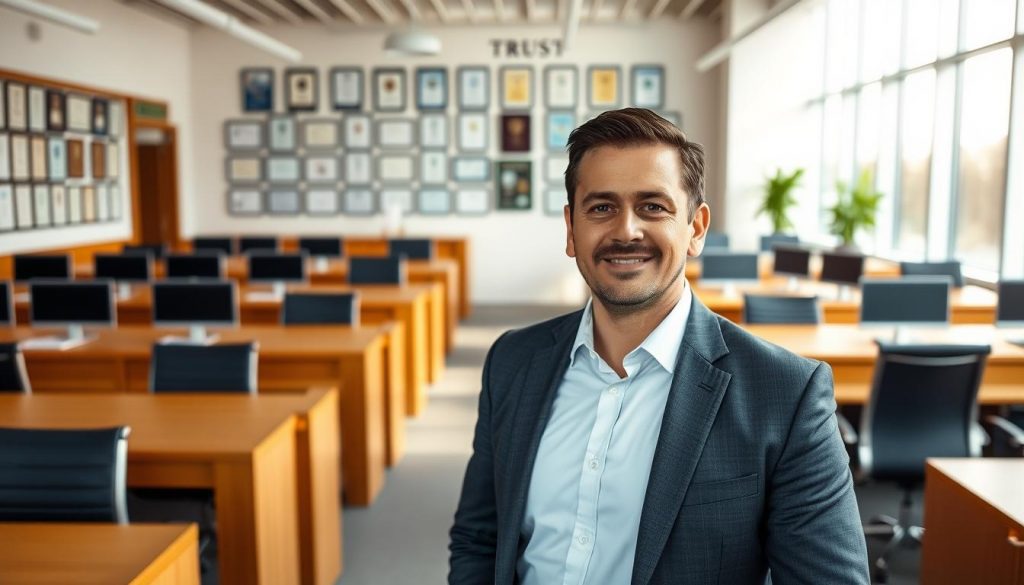 A modern, professional office interior with rows of wooden desks and sleek chairs. The walls are adorned with certificates and awards, reflecting the expertise and reputation of the trust providers. Soft, natural lighting filters through large windows, creating a warm and inviting atmosphere. In the foreground, a smartly dressed financial advisor stands, ready to assist clients with their trust and estate planning needs. The overall scene conveys a sense of trustworthiness, competence, and dedication to serving the financial well-being of the UK's citizens. A modern, professional office interior with rows of wooden desks and sleek chairs. The walls are adorned with certificates and awards, reflecting the expertise and reputation of the trust providers. Soft, natural lighting filters through large windows, creating a warm and inviting atmosphere. In the foreground, a smartly dressed financial advisor stands, ready to assist clients with their trust and estate planning needs. The overall scene conveys a sense of trustworthiness, competence, and dedication to serving the financial well-being of the UK's citizens.