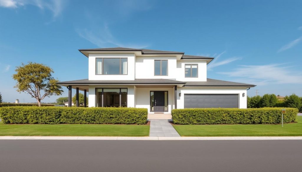 A modern, two-story house with a well-manicured front lawn and a neatly trimmed hedge lining the property. The facade features clean, minimalist lines and large windows that flood the interior with natural light. The driveway leads to a detached garage, and a paved walkway guides visitors to the inviting front door. The house is set against a backdrop of a clear, blue sky with a few wispy clouds, creating a serene and tranquil atmosphere. The overall scene conveys a sense of stability, comfort, and the quintessential representation of a "main residence" - a place one calls home. A modern, two-story house with a well-manicured front lawn and a neatly trimmed hedge lining the property. The facade features clean, minimalist lines and large windows that flood the interior with natural light. The driveway leads to a detached garage, and a paved walkway guides visitors to the inviting front door. The house is set against a backdrop of a clear, blue sky with a few wispy clouds, creating a serene and tranquil atmosphere. The overall scene conveys a sense of stability, comfort, and the quintessential representation of a "main residence" - a place one calls home.