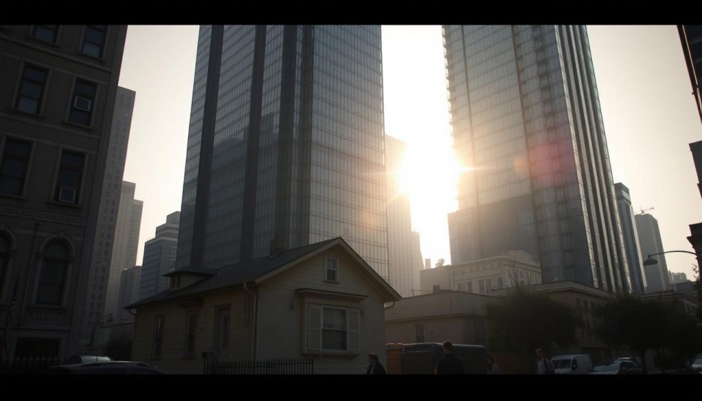 A modern urban skyline with towering glass skyscrapers casting long shadows across a bustling city street. In the foreground, a small residential house stands defiantly, its weathered facade a stark contrast to the sleek, gleaming high-rises around it. Sunlight filters through a hazy atmosphere, creating a warm, almost nostalgic atmosphere. In the middle ground, people hurry along the sidewalks, their silhouettes barely visible. The background is a muted palette of grays and blues, hinting at the constant urban development and progress encroaching on the old neighborhood. The mood is one of bittersweet change, where the past and present collide, raising questions about the true meaning of "property development relief".