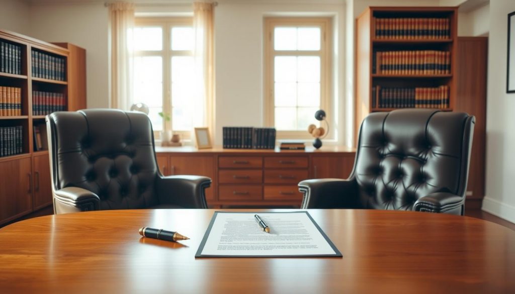 A modern, well-lit home office with a large wooden desk and a pair of matching leather chairs. On the desk, a pen and legal documents are neatly arranged, symbolizing the thoughtful process of estate planning. In the background, a bookshelf filled with law books, reflecting the importance of sound legal advice. The room is bathed in warm, natural light, conveying a sense of clarity and serenity. The overall atmosphere suggests the benefits of mirror wills - the careful consideration of one's assets and the desire to ensure a smooth transition for loved ones. A modern, well-lit home office with a large wooden desk and a pair of matching leather chairs. On the desk, a pen and legal documents are neatly arranged, symbolizing the thoughtful process of estate planning. In the background, a bookshelf filled with law books, reflecting the importance of sound legal advice. The room is bathed in warm, natural light, conveying a sense of clarity and serenity. The overall atmosphere suggests the benefits of mirror wills - the careful consideration of one's assets and the desire to ensure a smooth transition for loved ones.