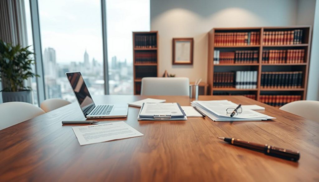 A modern, well-lit office space with a large wooden desk in the foreground. On the desk, various legal documents, a laptop, and a pen cup are neatly arranged. In the middle ground, a bookshelf filled with law books and a framed certificate on the wall. The background features a large window overlooking a cityscape, with soft, diffused lighting filtering in. The overall scene conveys a sense of professionalism, attention to detail, and the process of establishing a secure trust.