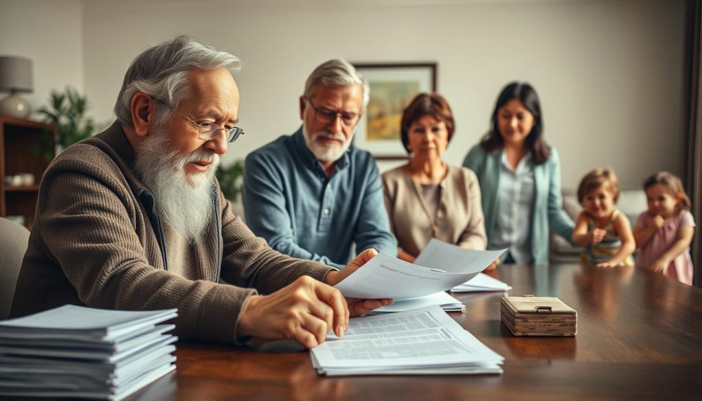 A multi-generational family gathered around a table, discussing financial plans for the future. In the foreground, a grandfather sits at the head, his weathered hands resting on stacks of documents. Beside him, a middle-aged couple listens intently, their expressions serious yet hopeful. In the background, a young couple stands, their children playing nearby, symbolic of the wealth and security being passed down. Soft, warm lighting casts a sense of trust and collaboration, while the room's elegant yet understated decor suggests a legacy of wise financial decisions. The scene conveys the importance of thoughtful, intergenerational wealth transfer. A multi-generational family gathered around a table, discussing financial plans for the future. In the foreground, a grandfather sits at the head, his weathered hands resting on stacks of documents. Beside him, a middle-aged couple listens intently, their expressions serious yet hopeful. In the background, a young couple stands, their children playing nearby, symbolic of the wealth and security being passed down. Soft, warm lighting casts a sense of trust and collaboration, while the room's elegant yet understated decor suggests a legacy of wise financial decisions. The scene conveys the importance of thoughtful, intergenerational wealth transfer.