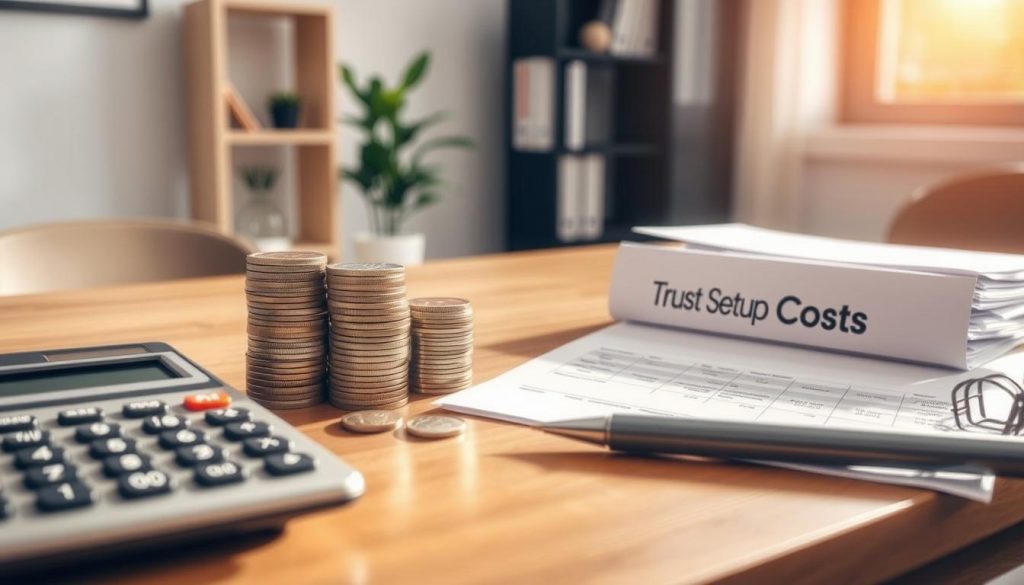 A neat stack of coins, bills, and financial documents arranged on a wooden desk, illuminated by warm, natural lighting filtering through a window. In the foreground, a calculator and a pen sit neatly, hinting at the calculations and planning involved in setting up a trust. The middle ground features a folder labeled "Trust Setup Costs," providing a clear visual cue to the subject matter. The background showcases a minimalist office setting, with a bookshelf and a plant, conveying a sense of professionalism and attention to detail. The overall scene exudes an atmosphere of financial responsibility and careful consideration of the costs associated with establishing a trust. A neat stack of coins, bills, and financial documents arranged on a wooden desk, illuminated by warm, natural lighting filtering through a window. In the foreground, a calculator and a pen sit neatly, hinting at the calculations and planning involved in setting up a trust. The middle ground features a folder labeled "Trust Setup Costs," providing a clear visual cue to the subject matter. The background showcases a minimalist office setting, with a bookshelf and a plant, conveying a sense of professionalism and attention to detail. The overall scene exudes an atmosphere of financial responsibility and careful consideration of the costs associated with establishing a trust.