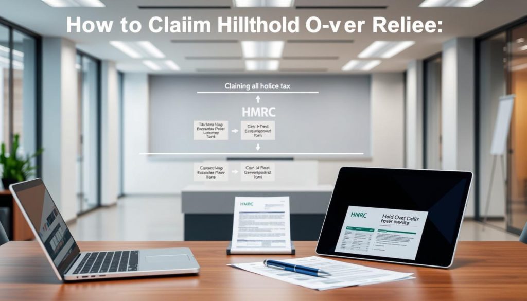 A neatly organized claim process flow chart displayed on a professional desk, with a laptop, pen, and documents arranged in the foreground. The middle ground features an HMRC logo and relevant tax forms. The background showcases a well-lit modern office space with clean lines and neutral tones, conveying a sense of efficiency and authority. The overall scene projects a professional, streamlined, and trustworthy atmosphere, suitable for illustrating the "How to Claim Hold Over Relief" section. A neatly organized claim process flow chart displayed on a professional desk, with a laptop, pen, and documents arranged in the foreground. The middle ground features an HMRC logo and relevant tax forms. The background showcases a well-lit modern office space with clean lines and neutral tones, conveying a sense of efficiency and authority. The overall scene projects a professional, streamlined, and trustworthy atmosphere, suitable for illustrating the "How to Claim Hold Over Relief" section.