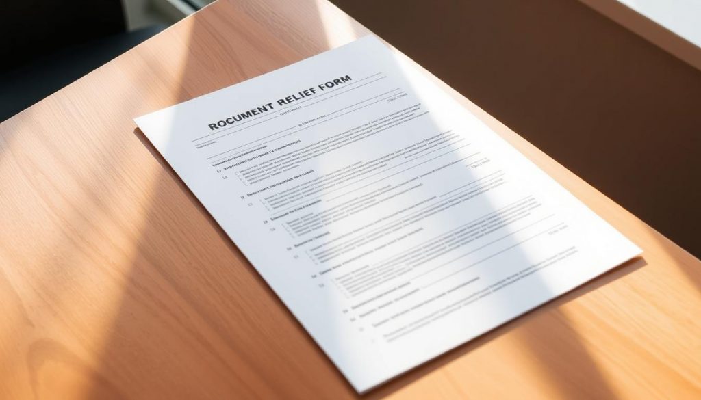 A neatly organized financial relief form lies on a sleek, oak desk, bathed in warm, diffuse lighting. The document's crisp, clean layout is accentuated by a neutral color palette, seamlessly blending into the minimalist office setting. The form's sections are clearly delineated, inviting the viewer to study the required documentation in detail. The overall composition evokes a sense of professionalism and attention to detail, perfectly suited to illustrate the "Documentation Required for Submission" section of the article.