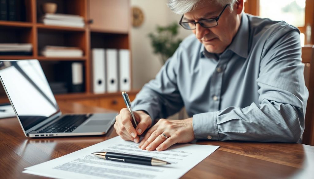 A neatly organized home office with a wooden desk, a laptop, and a pen resting on a stack of legal documents. A mature, professional-looking person, dressed in formal attire, sits at the desk, attentively reviewing and signing papers - the creation of a legally binding power of attorney. Soft, natural lighting from a nearby window illuminates the scene, creating a sense of seriousness and importance. The background is blurred, allowing the viewer's focus to remain on the central action of the document signing process. A neatly organized home office with a wooden desk, a laptop, and a pen resting on a stack of legal documents. A mature, professional-looking person, dressed in formal attire, sits at the desk, attentively reviewing and signing papers - the creation of a legally binding power of attorney. Soft, natural lighting from a nearby window illuminates the scene, creating a sense of seriousness and importance. The background is blurred, allowing the viewer's focus to remain on the central action of the document signing process.