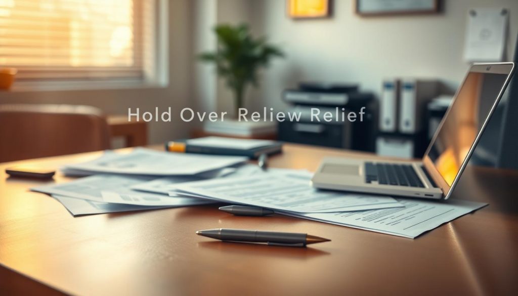 A neatly organized office desk, illuminated by warm, natural lighting from a nearby window. On the desktop, various forms and documents are scattered, signifying the "Hold Over Relief Application Process". A laptop and a pen stand ready, inviting the viewer to engage with the application. The background blurs softly, directing the focus to the central elements. The overall atmosphere conveys a sense of professionalism and efficiency, reflecting the importance of the application process.