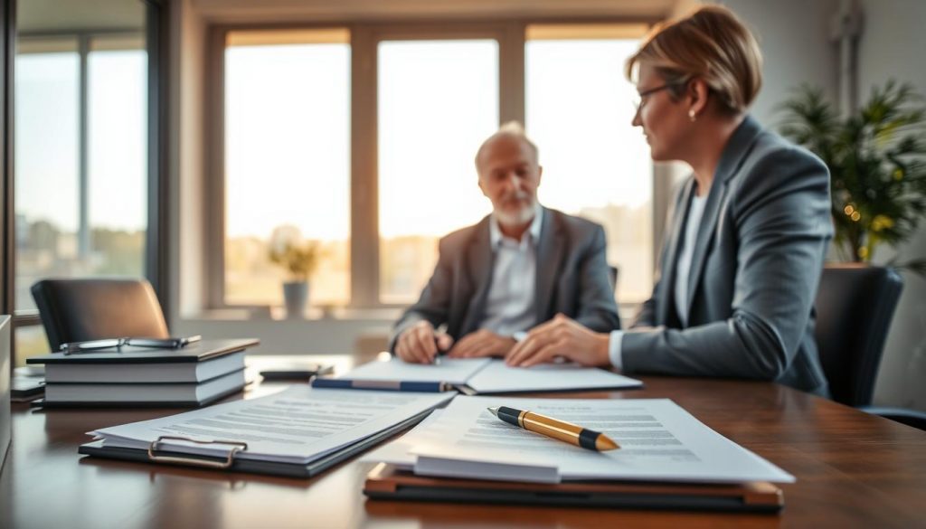 A neatly organized office interior, illuminated by warm, natural lighting filtering through large windows. On the desk, various legal documents and a pen are carefully arranged, symbolizing the process of obtaining power of attorney. In the middle ground, a senior citizen sits attentively, consulting with a professional advisor, their expressions conveying the importance of the decision. The background depicts a serene, contemporary setting, suggesting a secure and trustworthy environment for this critical legal process. A neatly organized office interior, illuminated by warm, natural lighting filtering through large windows. On the desk, various legal documents and a pen are carefully arranged, symbolizing the process of obtaining power of attorney. In the middle ground, a senior citizen sits attentively, consulting with a professional advisor, their expressions conveying the importance of the decision. The background depicts a serene, contemporary setting, suggesting a secure and trustworthy environment for this critical legal process.