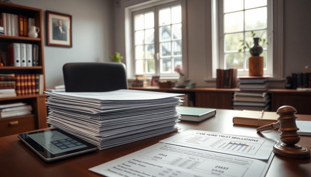 A neatly organized office, well-lit by soft natural light filtering through large windows. On the desk, a stack of meticulously organized documents detailing care home trust regulations, surrounded by a thoughtfully curated array of legal books and a tablet displaying related financial data. The overall atmosphere conveys a sense of professionalism, attention to detail, and a commitment to safeguarding the assets and well-being of the elderly residents. The scene evokes a feeling of trust, security, and careful planning for the future. A neatly organized office, well-lit by soft natural light filtering through large windows. On the desk, a stack of meticulously organized documents detailing care home trust regulations, surrounded by a thoughtfully curated array of legal books and a tablet displaying related financial data. The overall atmosphere conveys a sense of professionalism, attention to detail, and a commitment to safeguarding the assets and well-being of the elderly residents. The scene evokes a feeling of trust, security, and careful planning for the future.