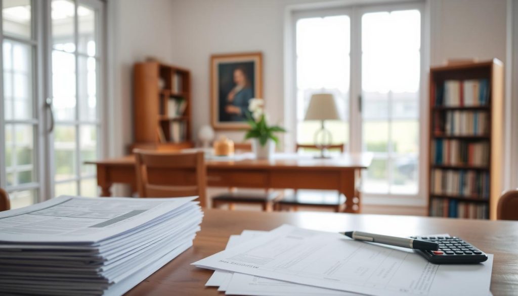 A peaceful and serene scene of a well-lit study or office. In the foreground, a stack of documents or paperwork representing inheritance tax forms or records. Next to it, a pen and calculator, hinting at the process of transferring the unused allowance. In the middle ground, a warm wooden desk or table, with a potted plant or framed artwork adding a touch of elegance. The background features large windows, allowing natural light to filter in and create a calming atmosphere. The overall mood is one of organization, attention to detail, and the thoughtful handling of important financial matters. A peaceful and serene scene of a well-lit study or office. In the foreground, a stack of documents or paperwork representing inheritance tax forms or records. Next to it, a pen and calculator, hinting at the process of transferring the unused allowance. In the middle ground, a warm wooden desk or table, with a potted plant or framed artwork adding a touch of elegance. The background features large windows, allowing natural light to filter in and create a calming atmosphere. The overall mood is one of organization, attention to detail, and the thoughtful handling of important financial matters.