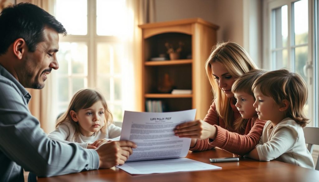 A peaceful and tranquil scene of a family gathered around a table, meticulously discussing the details of a life policy in trust. The foreground features a father, mother, and two children, their expressions serene as they review the document, surrounded by warm lighting and a cozy, inviting atmosphere. In the middle ground, a sturdy oak bookshelf stands, symbolizing the security and stability the life policy provides. The background showcases a picturesque window, allowing soft, natural light to flood the room, creating a sense of comfort and protection. The overall composition conveys the benefits of using a life policy in trust to safeguard one's family's inheritance and future. A peaceful and tranquil scene of a family gathered around a table, meticulously discussing the details of a life policy in trust. The foreground features a father, mother, and two children, their expressions serene as they review the document, surrounded by warm lighting and a cozy, inviting atmosphere. In the middle ground, a sturdy oak bookshelf stands, symbolizing the security and stability the life policy provides. The background showcases a picturesque window, allowing soft, natural light to flood the room, creating a sense of comfort and protection. The overall composition conveys the benefits of using a life policy in trust to safeguard one's family's inheritance and future.