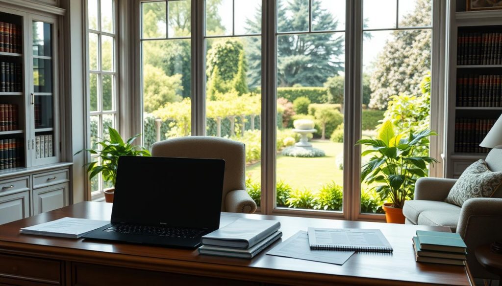 A peaceful, elegantly furnished home office, with soft natural light filtering through large windows. In the foreground, a wooden desk displays financial documents and a laptop, hinting at the intricate process of estate planning. The middle ground features bookshelves filled with legal volumes, conveying the expertise required. In the background, a panoramic view of a lush, verdant garden symbolizes the long-term, sustainable nature of tax-efficient strategies. The overall atmosphere is one of diligence, foresight, and a commitment to preserving family wealth for generations to come. A peaceful, elegantly furnished home office, with soft natural light filtering through large windows. In the foreground, a wooden desk displays financial documents and a laptop, hinting at the intricate process of estate planning. The middle ground features bookshelves filled with legal volumes, conveying the expertise required. In the background, a panoramic view of a lush, verdant garden symbolizes the long-term, sustainable nature of tax-efficient strategies. The overall atmosphere is one of diligence, foresight, and a commitment to preserving family wealth for generations to come.