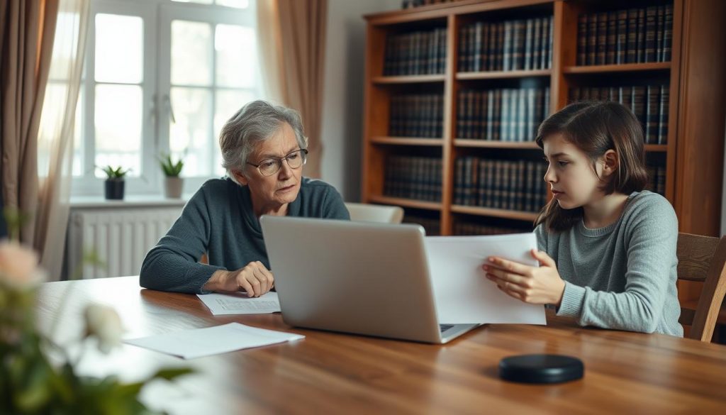 A peaceful family home, soft natural light streaming through the windows. In the foreground, two siblings, one older and one younger, seated at a wooden table, deep in discussion. A laptop and some documents between them, symbolizing the process of splitting inheritance tax responsibilities. The mood is contemplative, the siblings' expressions conveying both understanding and concern. In the background, a bookshelf filled with legal volumes, hinting at the complexities of the situation. The composition is balanced, the focus on the siblings' interaction, with the overall scene capturing the delicate nature of navigating inheritance tax matters as a family.