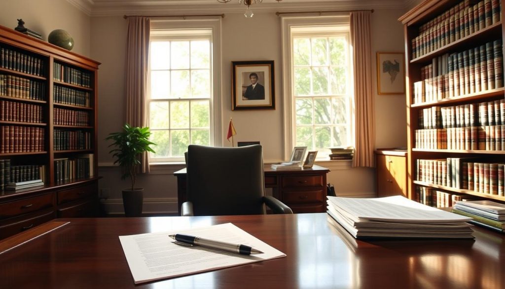 A peaceful home office, sunlight streaming through large windows, illuminating a polished wooden desk. On the desk, a stack of legal documents, a pen, and a family photo frame. In the background, bookshelves filled with volumes on estate planning and financial management. The room exudes a sense of trust, stability, and thoughtful preparation for the future, reflecting the key themes of "How Trusts Affect Inheritance Tax." A peaceful home office, sunlight streaming through large windows, illuminating a polished wooden desk. On the desk, a stack of legal documents, a pen, and a family photo frame. In the background, bookshelves filled with volumes on estate planning and financial management. The room exudes a sense of trust, stability, and thoughtful preparation for the future, reflecting the key themes of "How Trusts Affect Inheritance Tax."