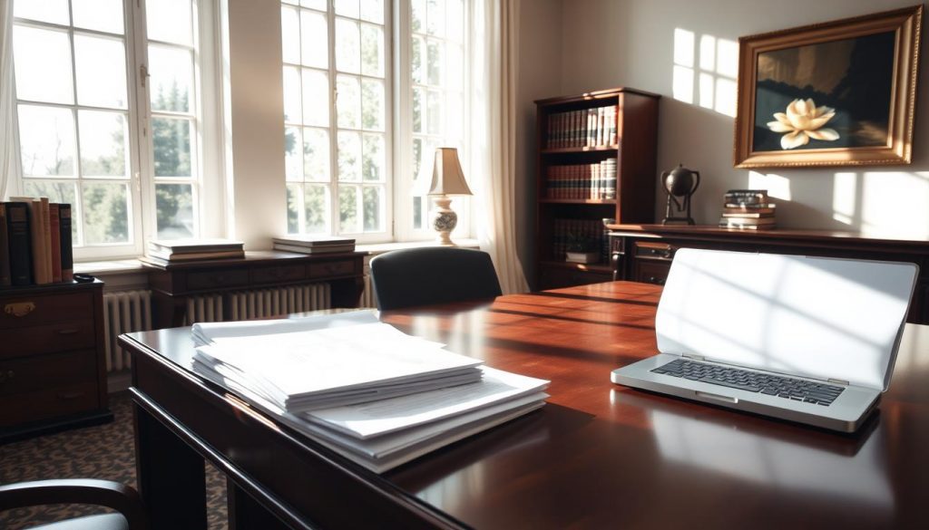 A peaceful office scene with sunlight streaming through large windows, illuminating a polished wooden desk. On the desk, a stack of documents and a laptop, representing the administrative aspects of estate planning. In the background, a bookshelf filled with legal tomes and a tasteful piece of artwork on the wall, conveying a sense of professionalism and expertise. The overall mood is one of calm, clarity, and attention to detail, reflecting the careful consideration required for minimizing inheritance tax liabilities through the utilization of trusts. A peaceful office scene with sunlight streaming through large windows, illuminating a polished wooden desk. On the desk, a stack of documents and a laptop, representing the administrative aspects of estate planning. In the background, a bookshelf filled with legal tomes and a tasteful piece of artwork on the wall, conveying a sense of professionalism and expertise. The overall mood is one of calm, clarity, and attention to detail, reflecting the careful consideration required for minimizing inheritance tax liabilities through the utilization of trusts.