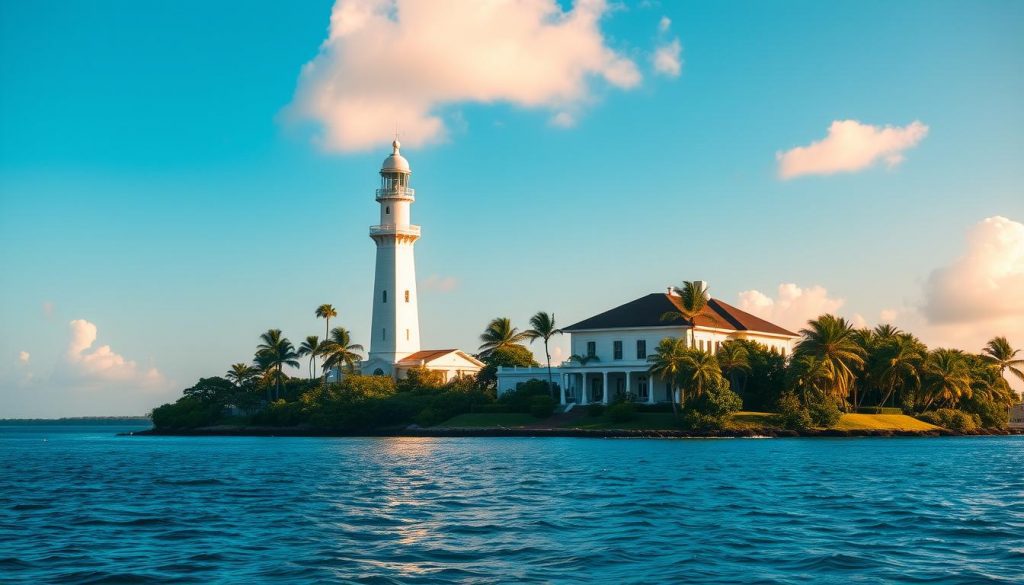 A peaceful offshore island with a towering white lighthouse stands tall, its beacon guiding ships through the calm, azure waters. In the foreground, a well-manicured estate with a grand, colonial-style mansion sits amid lush, tropical foliage, its stately presence exuding an air of prosperity and security. The warm, golden sunlight casts long shadows, creating a sense of tranquility and timelessness. This idyllic scene represents the benefits of an offshore trust, offering a safe haven to safeguard one's family's inheritance, shielding it from the burden of taxes.