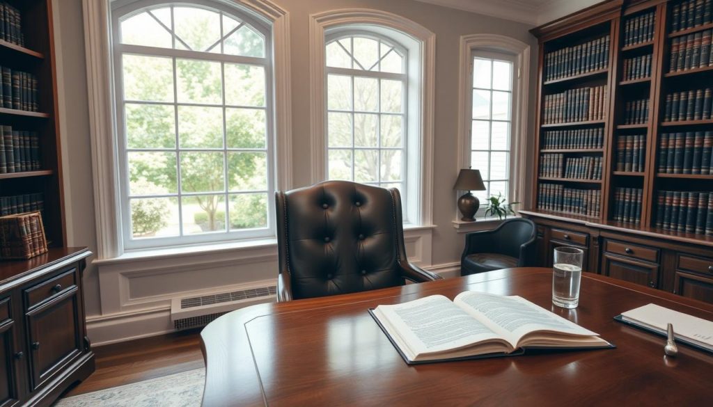 A peaceful, well-lit home office with an elegant wooden desk, a plush leather chair, and a large window overlooking a lush garden. On the desk, an open book, a pen, and a glass of water symbolize the thoughtful and focused nature of estate planning. Bookshelves line the walls, filled with volumes on legal and financial topics. The room exudes an atmosphere of professionalism, wisdom, and quiet contemplation, inviting the viewer to consider the importance of securing their family's future. A peaceful, well-lit home office with an elegant wooden desk, a plush leather chair, and a large window overlooking a lush garden. On the desk, an open book, a pen, and a glass of water symbolize the thoughtful and focused nature of estate planning. Bookshelves line the walls, filled with volumes on legal and financial topics. The room exudes an atmosphere of professionalism, wisdom, and quiet contemplation, inviting the viewer to consider the importance of securing their family's future.