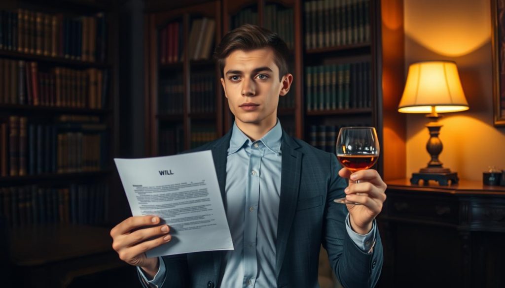 A pensive young professional stands in a dimly lit office, surrounded by a towering bookshelf and an ornate desk. In one hand, they hold a simple will document, while the other grasps a delicate glass of brandy, contemplating the weight of their decision. The scene is illuminated by a single desk lamp, casting a warm, introspective glow. The background is slightly blurred, allowing the focus to remain on the subject's thoughtful expression, capturing the dilemma between the simplicity of a will and the complexities of a trust. A pensive young professional stands in a dimly lit office, surrounded by a towering bookshelf and an ornate desk. In one hand, they hold a simple will document, while the other grasps a delicate glass of brandy, contemplating the weight of their decision. The scene is illuminated by a single desk lamp, casting a warm, introspective glow. The background is slightly blurred, allowing the focus to remain on the subject's thoughtful expression, capturing the dilemma between the simplicity of a will and the complexities of a trust.