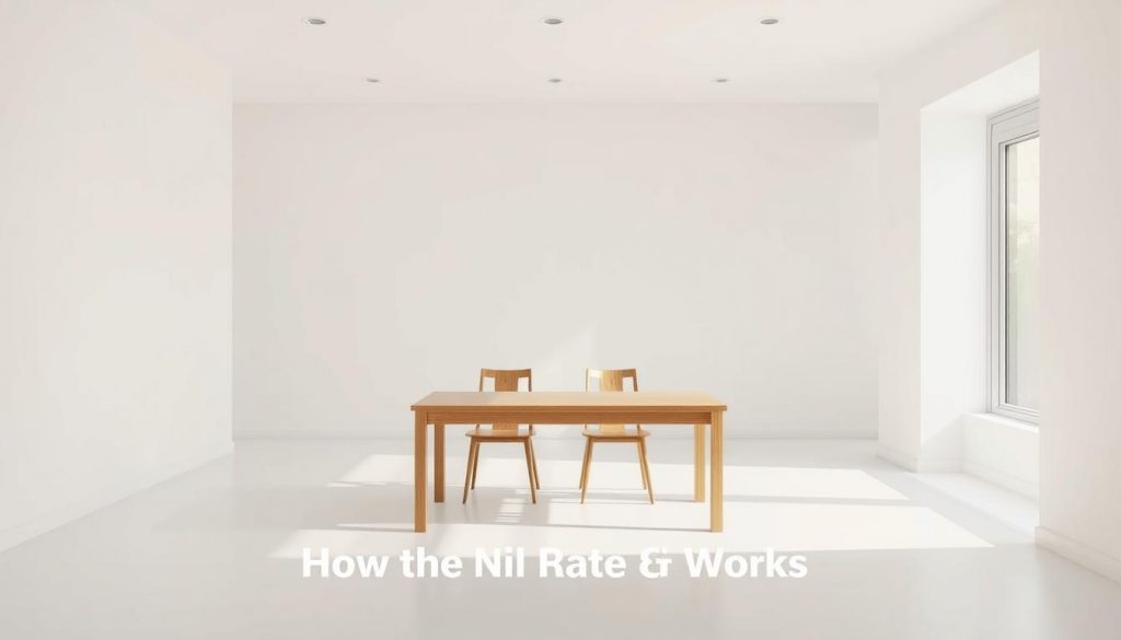 A pristine white interior with a minimalist design, bathed in warm, natural lighting from large windows. At the center, a simple wooden table with two chairs, representing the core concept of a "nil rate band transfer" between spouses. The table's surface is clear, symbolizing the efficient and straightforward process. The background features muted, calming tones, creating a serene and professional atmosphere, ideal for illustrating the "How the Nil Rate Band Works" section of the article. The composition is balanced, with clean lines and a focus on the essential elements, conveying a sense of clarity and understanding.