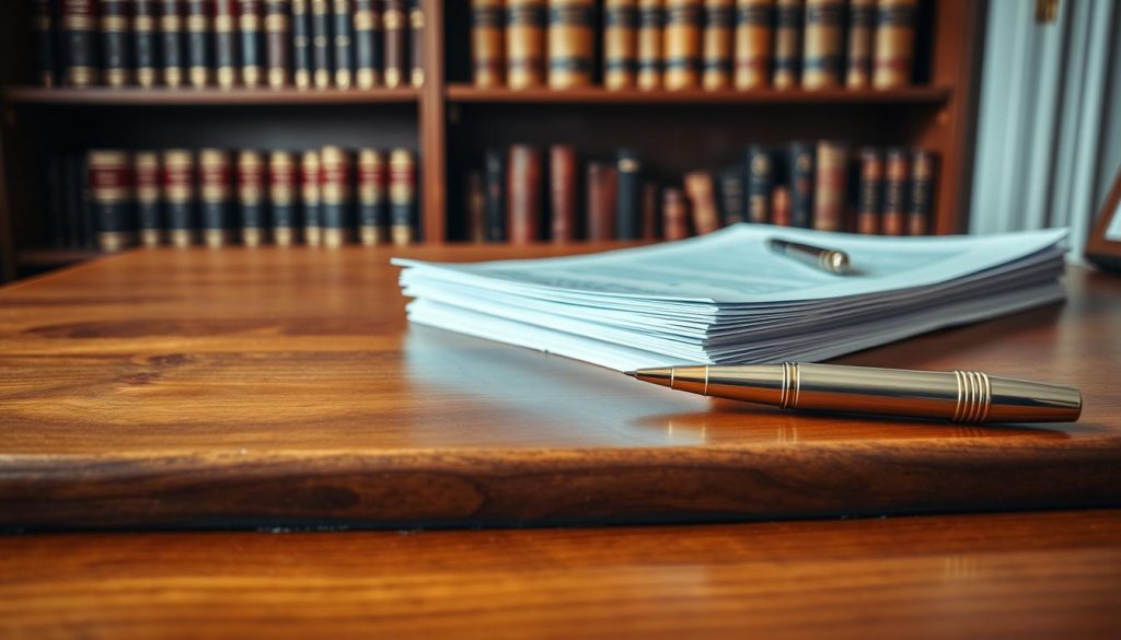 A pristine wooden table, its surface smooth and gleaming, takes center stage. Atop it, a stack of documents, their corners neatly aligned, exude an air of professionalism. A pen, its metallic body reflecting the warm light, rests nearby, ready to guide important decisions. In the background, a bookshelf, its shelves adorned with leather-bound volumes, suggests the wealth of knowledge and experience that informs the financial advice being provided. The overall scene conveys a sense of authority, trust, and the thoughtful consideration of power of attorney and associated care home fees.
