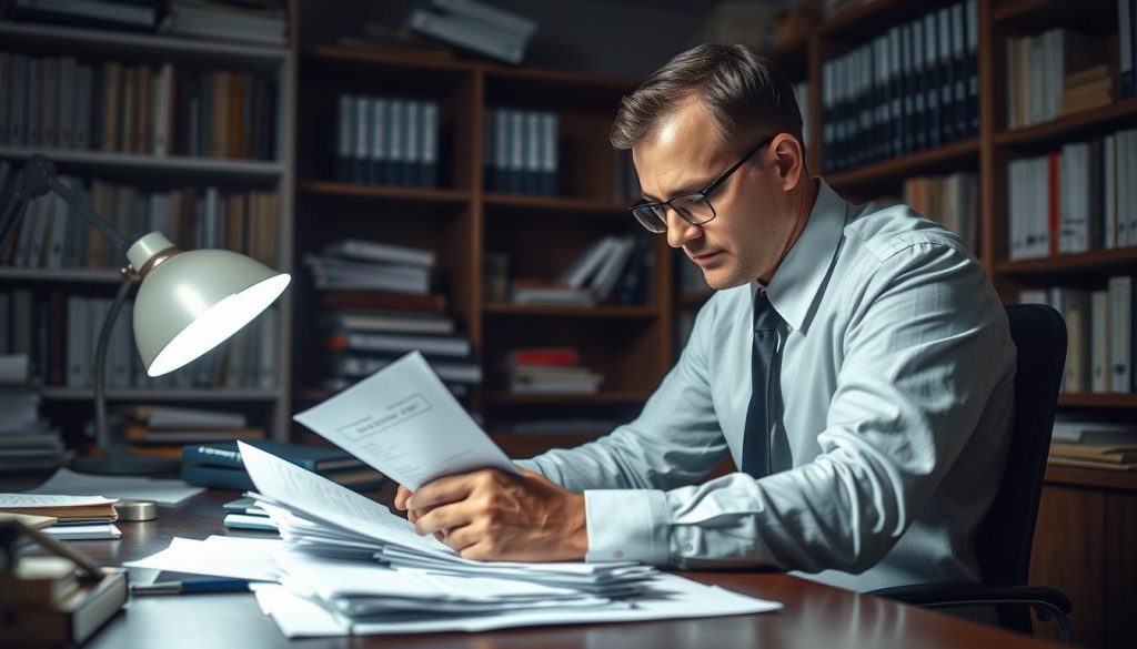 A professional accountant sitting at a cluttered desk, poring over financial documents with a focused expression. The office is dimly lit, creating a serious, contemplative atmosphere. The accountant wears a crisp, tailored suit and tie, symbolizing their expertise and authority. Shelves of reference books and accounting ledgers line the walls, suggesting the depth of their knowledge. The scene conveys the importance of seeking professional tax advice to maximize financial benefits.