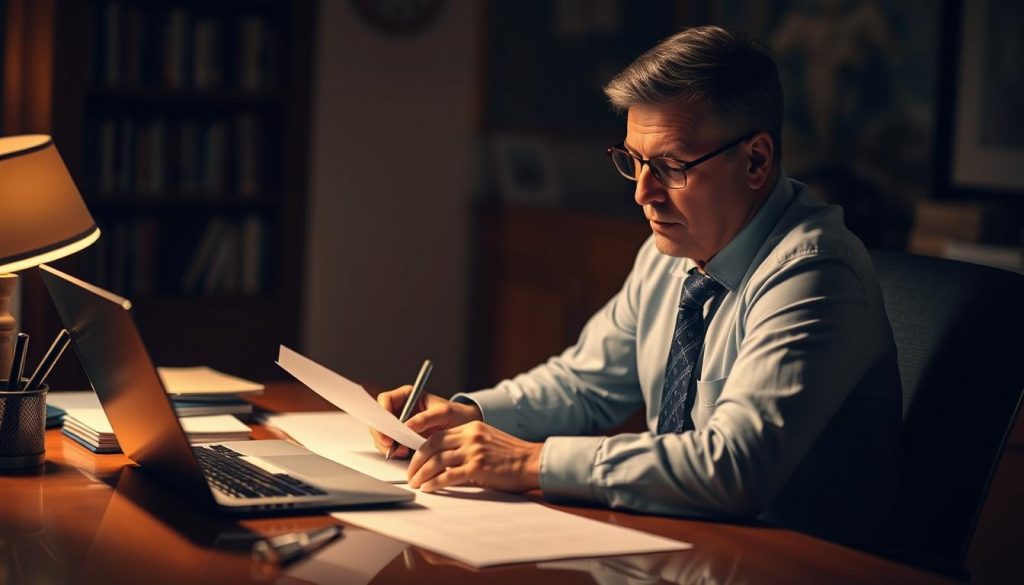 A professional advisor sits at a desk, surrounded by documents and a laptop, deeply engaged in estate planning. The scene is illuminated by warm, directional lighting, casting soft shadows and highlighting the advisor's focused expression. The background blurs subtly, drawing the viewer's attention to the advisor's detailed work. The overall atmosphere conveys a sense of expertise, diligence, and the importance of prudent estate planning for protecting families' financial futures. A professional advisor sits at a desk, surrounded by documents and a laptop, deeply engaged in estate planning. The scene is illuminated by warm, directional lighting, casting soft shadows and highlighting the advisor's focused expression. The background blurs subtly, drawing the viewer's attention to the advisor's detailed work. The overall atmosphere conveys a sense of expertise, diligence, and the importance of prudent estate planning for protecting families' financial futures.
