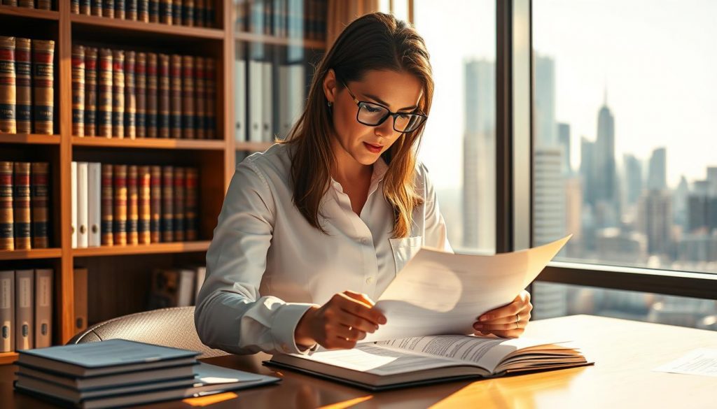 A professional agent stands at a desk, meticulously reviewing documents related to a trust registration. The scene is bathed in warm, natural lighting, creating a sense of focus and diligence. The agent's expression is one of concentration, as they carefully examine the paperwork, ensuring every detail is accurately recorded. In the background, a bookshelf filled with legal volumes and a window overlooking a bustling city skyline provide a sense of authority and expertise. The overall atmosphere conveys the agent's crucial role in the trust registration process, guiding the client through the complex legal landscape with professionalism and attention to detail.