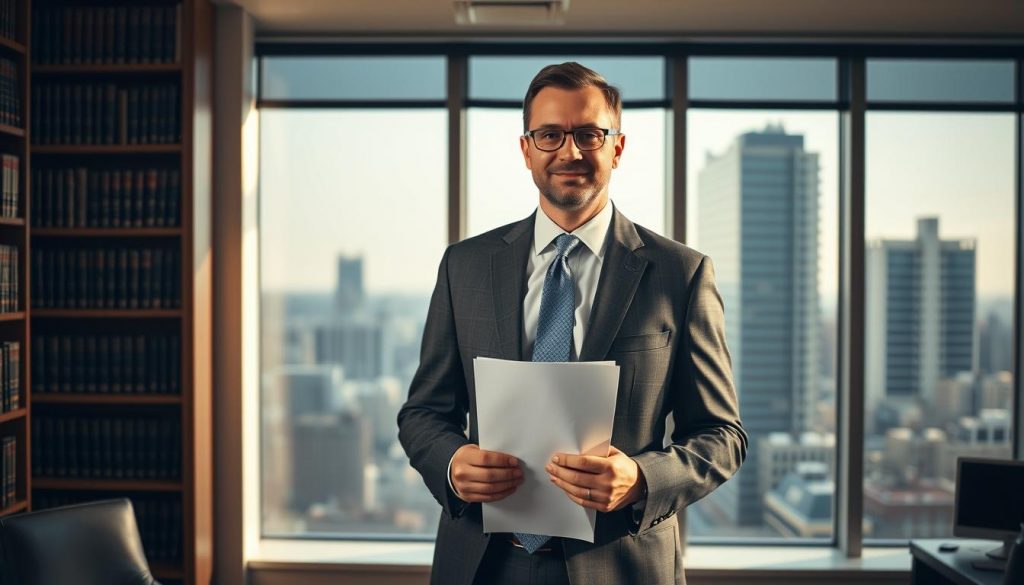 A professional attorney standing in a well-lit office, dressed in a sharp suit, holding legal documents in their hands. The background features a bookshelf filled with law books, and a large window overlooking a cityscape. The lighting is warm and natural, casting a soft glow on the subject. The overall atmosphere conveys a sense of authority, expertise, and professionalism, reflecting the importance of a power of attorney for property.