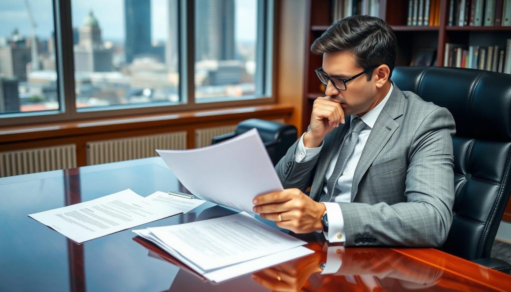A professional consultant sitting at a mahogany desk, reviewing legal documents and paperwork related to setting up a trust in the UK. The office is well-lit, with large windows overlooking a cityscape in the background. The consultant wears a tailored suit and has a pensive expression, deep in thought as they navigate the complexities of trust establishment. The scene conveys an atmosphere of expertise, diligence, and the importance of proper trust management for UK families.