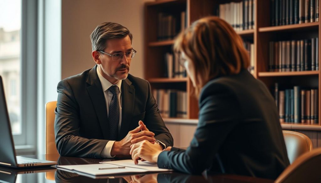 A professional estate planning advisor sitting at a desk, deep in discussion with a client. The advisor wears a tailored suit, their expression focused and attentive. The client, seated across the desk, leans forward intently, hands clasped. Soft, warm lighting casts a mellow glow, creating an atmosphere of trust and expertise. Bookshelves line the walls, conveying the advisor's depth of knowledge. The scene is captured from a slightly elevated angle, emphasizing the advisor's authoritative presence and the client's reliance on their guidance. A professional estate planning advisor sitting at a desk, deep in discussion with a client. The advisor wears a tailored suit, their expression focused and attentive. The client, seated across the desk, leans forward intently, hands clasped. Soft, warm lighting casts a mellow glow, creating an atmosphere of trust and expertise. Bookshelves line the walls, conveying the advisor's depth of knowledge. The scene is captured from a slightly elevated angle, emphasizing the advisor's authoritative presence and the client's reliance on their guidance.