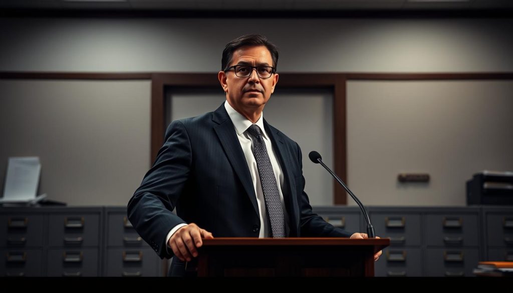 A professional executive in a crisp suit stands at a podium, assertively claiming their authority over a bureaucratic relief process. The lighting is dramatic, with strong shadows and highlights accentuating the individual's confident posture and determined expression. The background is a nondescript government office, with filing cabinets and a wall of official-looking documents hinting at the administrative machinery they aim to control. The atmosphere is one of power, influence, and the ability to shape the outcome of a critical relief effort.