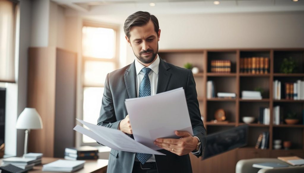 A professional financial advisor standing in a modern, well-lit office, dressed in a sharp suit and tie, holding documents and reviewing them intently. The advisor has an air of expertise and trustworthiness, conveying the importance of proper estate planning. The background features bookshelves, a desk, and other accoutrements of a financial services firm, creating a sense of authority and professionalism. Soft, directional lighting from a window casts a warm glow, highlighting the advisor's attentive expression and the gravity of the task at hand. A professional financial advisor standing in a modern, well-lit office, dressed in a sharp suit and tie, holding documents and reviewing them intently. The advisor has an air of expertise and trustworthiness, conveying the importance of proper estate planning. The background features bookshelves, a desk, and other accoutrements of a financial services firm, creating a sense of authority and professionalism. Soft, directional lighting from a window casts a warm glow, highlighting the advisor's attentive expression and the gravity of the task at hand.