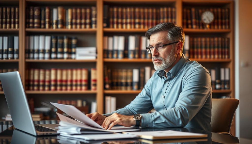 A professional inheritance tax planning advisor sitting at a modern desk, deep in thought, surrounded by financial documents and a laptop. The lighting is warm and focused, creating a sense of expertise and concentration. In the background, a bookshelf filled with financial and legal reference materials, conveying the depth of knowledge required for this specialized field. The advisor's expression is one of thoughtful analysis, reflecting the importance of providing sound advice to secure a family's financial future.
