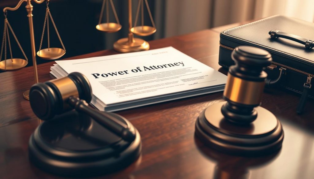 A professional legal document resting on a mahogany desk, with a gavel, scales of justice, and a briefcase in the foreground. The document is illuminated by soft, warm lighting, creating a sense of authority and gravitas. The background is blurred, placing the focus on the power of attorney paperwork, signifying its importance in legal proceedings. The overall mood is one of precision, expertise, and the weight of legal responsibility.