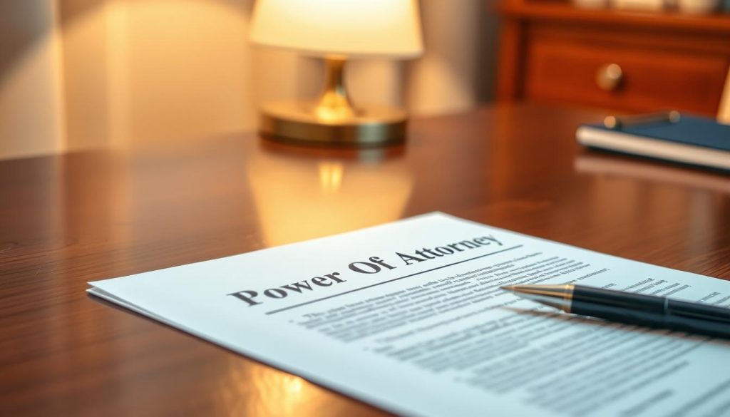 A professional-looking document with a formal, authoritative appearance, resting on a polished wooden desk. The document's header prominently displays the text "Power of Attorney" in a bold, serif font. The background is softly lit, with warm lighting emanating from a desk lamp, creating a cozy, yet serious atmosphere. The document is accompanied by a pen, signifying the act of signing and formalizing the power of attorney. The entire scene is captured from a slightly elevated angle, giving a sense of importance and gravity to the process. A professional-looking document with a formal, authoritative appearance, resting on a polished wooden desk. The document's header prominently displays the text "Power of Attorney" in a bold, serif font. The background is softly lit, with warm lighting emanating from a desk lamp, creating a cozy, yet serious atmosphere. The document is accompanied by a pen, signifying the act of signing and formalizing the power of attorney. The entire scene is captured from a slightly elevated angle, giving a sense of importance and gravity to the process.